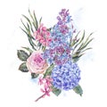 Watercolor vintage floral illustration with roses, lilac, blue hydrangea and field flowers Royalty Free Stock Photo