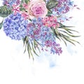 Watercolor vintage floral illustration with roses, lilac, blue hydrangea and field flowers Royalty Free Stock Photo