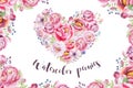 Watercolor vintage floral piony heart bouquet. Boho spring flowers and leaf frame isolated on white background: succulent, branch