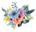 Watercolor vintage floral rose sunflower peony Gerbera and abstact flower or leaves composition Pink and navy and blue and marsala
