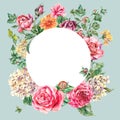 Watercolor Vintage Floral Round Frame with Pink Roses, Hydrangea, Snail and Wild Flowers, Botanical Greeting Card Royalty Free Stock Photo