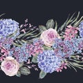 Watercolor vintage floral seamless border with roses, lilac, blue hydrangea and wildflowers Royalty Free Stock Photo