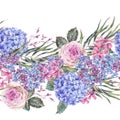 Watercolor vintage floral seamless border with roses, lilac, blue hydrangea and wildflowers Royalty Free Stock Photo