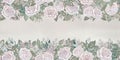 Watercolor vintage floral seamless border of roses, lilac, eucalyptus for wedding, Valentine\'s Day Royalty Free Stock Photo