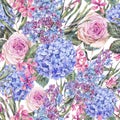 Watercolor vintage floral seamless pattern with roses, lilac, blue hydrangea and wildflowers