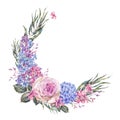 Watercolor vintage floral wreath with roses, lilac, blue hydrangea and wildflowers