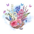 Watercolor vintage flowers bouquet in the nest