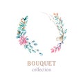 Watercolor vintage flowers frame. Hand painted wreath with feather, leaves and floral elements. greeting bouquet design Royalty Free Stock Photo