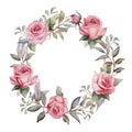 Watercolor vintage flowers wreath. Hand painted round frame with posy roses, ranunculus, anemones, leaves and floral