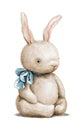 Watercolor vintage funny grey toy cartoon hare with blue bow