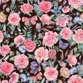 Watercolor vintage garden pink rose bouquet seamless pattern, botanical floral texture Royalty Free Stock Photo