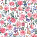 Watercolor vintage garden pink rose bouquet seamless pattern, botanical floral texture Royalty Free Stock Photo