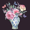 Watercolor vintage garden rose bouquet, Chinese blue vase illustration isolated on black