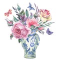 Watercolor vintage garden rose bouquet, Chinese blue vase illustration isolated on white