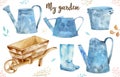 Watercolor vintage gardening tools rusty tin watering can for watering flowers, garden car, galoshes. Hand drawn