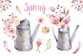 Watercolor vintage gardening tools rusty tin watering can for watering flowers. Hand drawn isolated illustration on