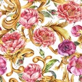 Watercolor vintage golden baroque seamless pattern with pink blooming flowers. roses and peonies Royalty Free Stock Photo