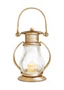 Watercolor vintage golden Christmas lantern with candle