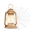 Watercolor vintage golden halloween lantern with candle and web