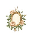 Watercolor vintage golden oval brooch and roses Royalty Free Stock Photo