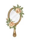 Watercolor vintage golden oval hand mirror and roses Royalty Free Stock Photo