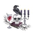 Watercolor vintage goth Halloween illustration with black candles, skull, raven. Hand painted graphics