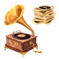 Watercolor vintage gramophon and music records. Music set isolated on a white background Royalty Free Stock Photo