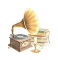 Watercolor vintage gramophone, heaps of books and golden candlestick Royalty Free Stock Photo
