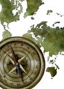 Watercolor Vintage green world map with compass, watercolor illustration, Travel, Adventure Royalty Free Stock Photo