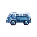 Watercolor Vintage Hippie Camper Van, Isolated On White Background. Retro Illustration. Element For Your Design