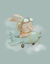 Watercolor vintage illustration of a rabbit pilot on a plane, drawing for a children\'s room, vintage card for children Royalty Free Stock Photo