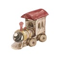 Watercolor vintage illustration with toy wooden steam locomotive. Train Isolated on white background. Royalty Free Stock Photo