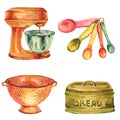 Watercolor vintage kitchen utensils clipart. Measuring spoon, mixer, colander, bread bin