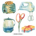 Watercolor vintage kitchen utensils illustration. Retro toster, kettle, moxer, scissors. Cooking objects