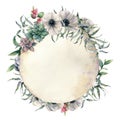 Watercolor vintage label with flowers and leaves. Hand painted colorful succulent, pink berry, white anemone and