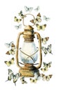 Watercolor vintage lamp with butterfly