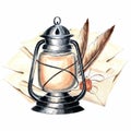 Watercolor vintage lantern burning warm light, sheets of paper, envelope sealed and feathers. Template retro kerosene Royalty Free Stock Photo