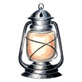 Watercolor vintage lantern burning warm light. Template retro antique kerosene lamp in metal frame standing. Hand drawn