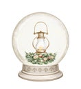 Watercolor cartoon Christmas lamp with candle in snow globe Royalty Free Stock Photo