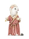 Watercolor vintage cartoon white ermine in home clothes and hold cup and bell