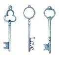 Watercolor vintage metal keys drawn by hands