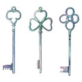 Watercolor vintage metal keys drawn by hands Royalty Free Stock Photo