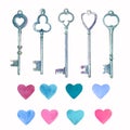 Watercolor vintage metal keys drawn by hands and pink, blue hearts