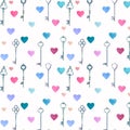 Watercolor vintage metal keys drawn by hands and pink, blue hearts seamless pattern