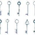 Watercolor vintage metal keys drawn by hands seamless pattern Royalty Free Stock Photo