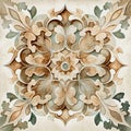 Watercolor vintage mosaic tile background in beige color. Abstract floral azulejo in spanish or moroccan style. Generative AI