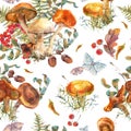 Watercolor vintage mushrooms seamless pattern.