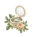 Watercolor vintage music box for jewelry, mirror, dancing ballerina and rose Royalty Free Stock Photo