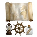 Watercolor vintage nautical set of old map, sea bottle with scroll and retro latern steering wheel hand drawn isolated