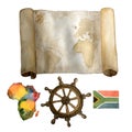 Watercolor vintage nautical set of old map, sea steering wheel and colorful Africa continent and flag hand drawn